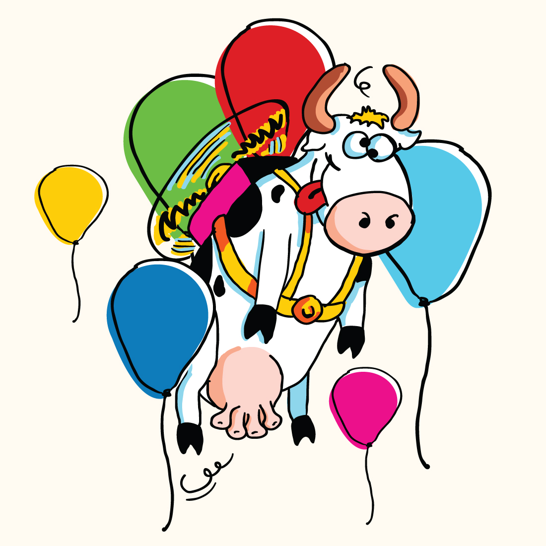 Dessin de la vache volante Polissone avec des ballons