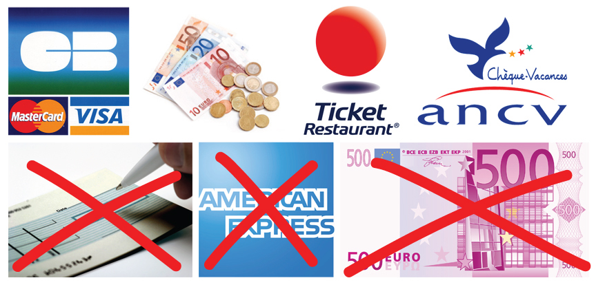 Modes de paiement village des fous : CB / Visa / MasterCard / Espece / a.n.c.v. / Ticket restaurant
