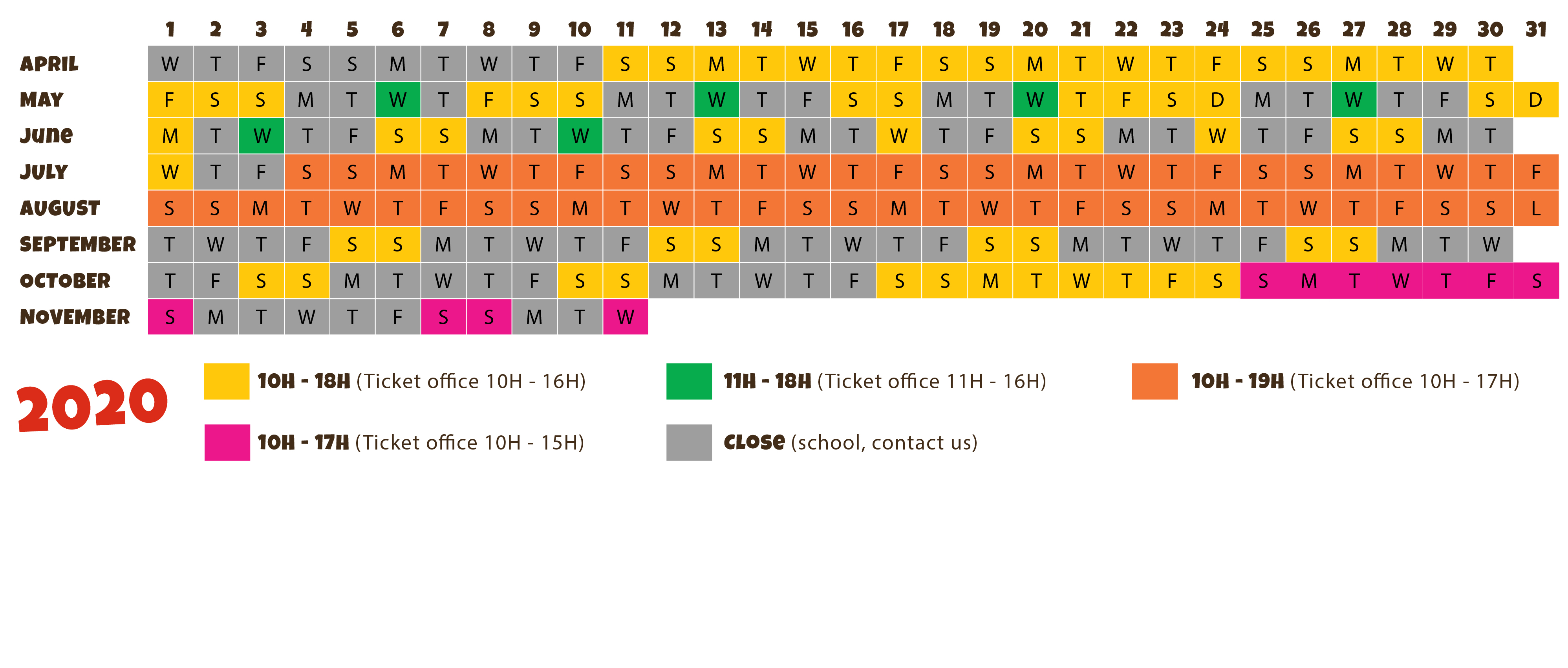 Calendar 2020 of the leisure park Le Village des Fous