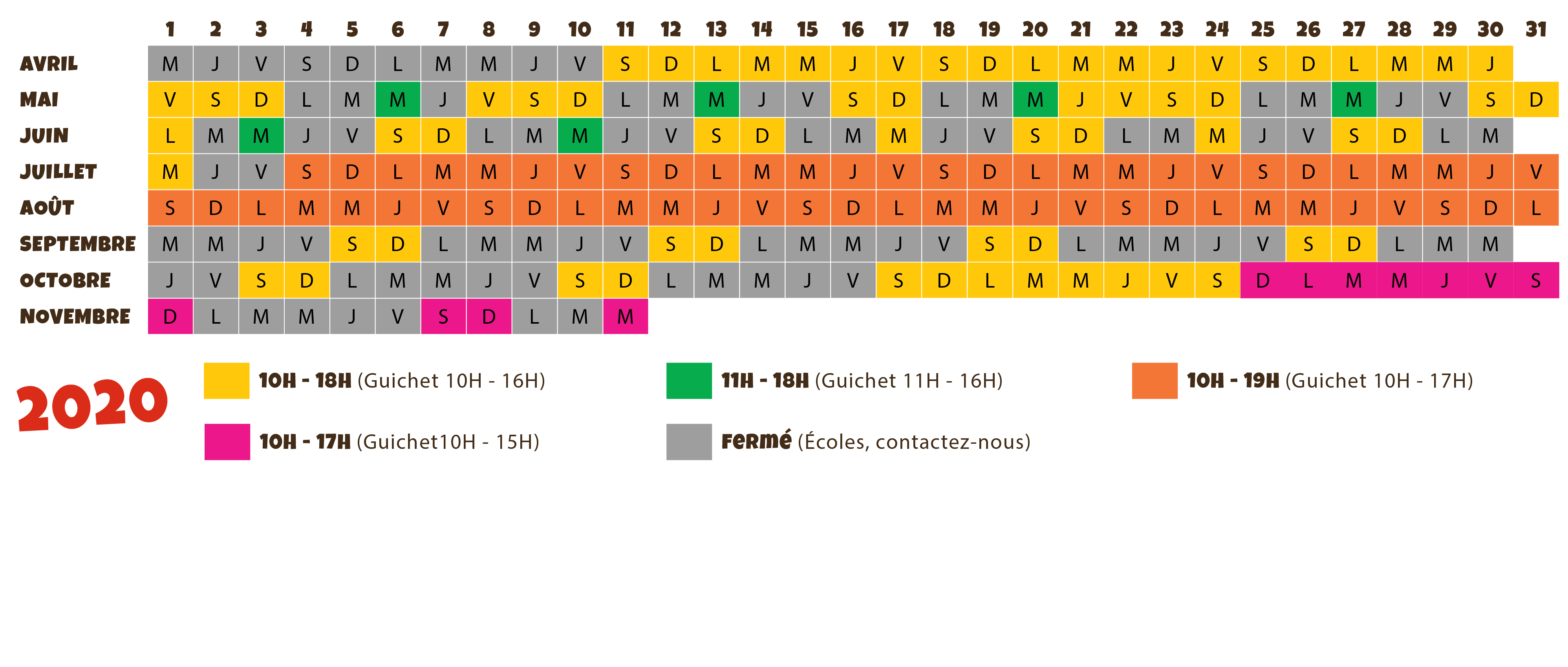 calendrier ouverture parc de loisirs Village des Fous