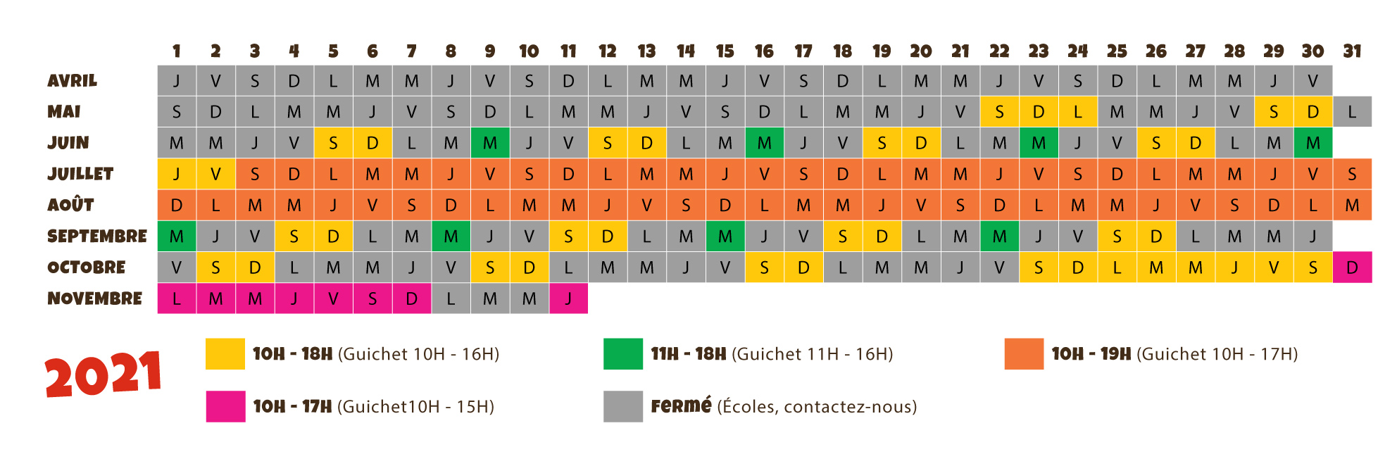 jours et horaires d'ouverture du parc de loisirs Le Village des Fous