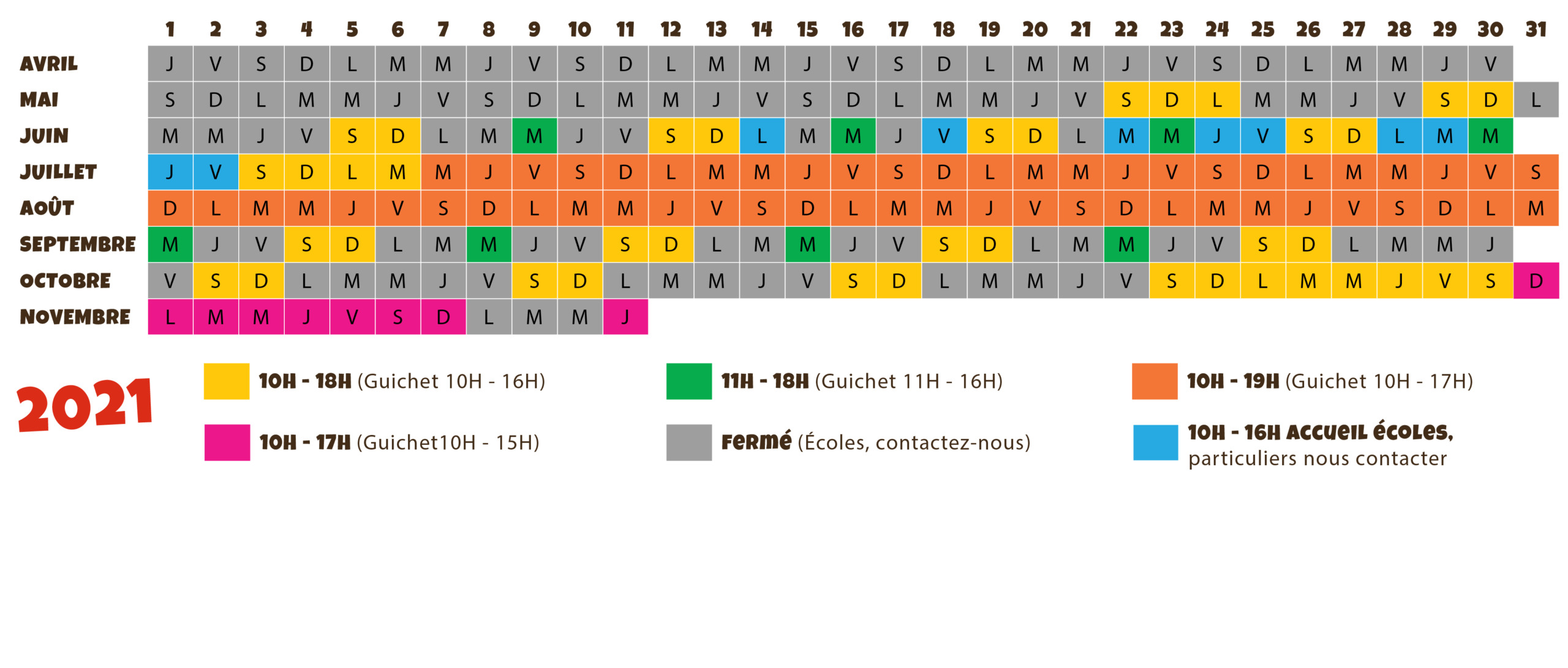jours et horaires d'ouverture du parc de loisirs Le Village des Fous