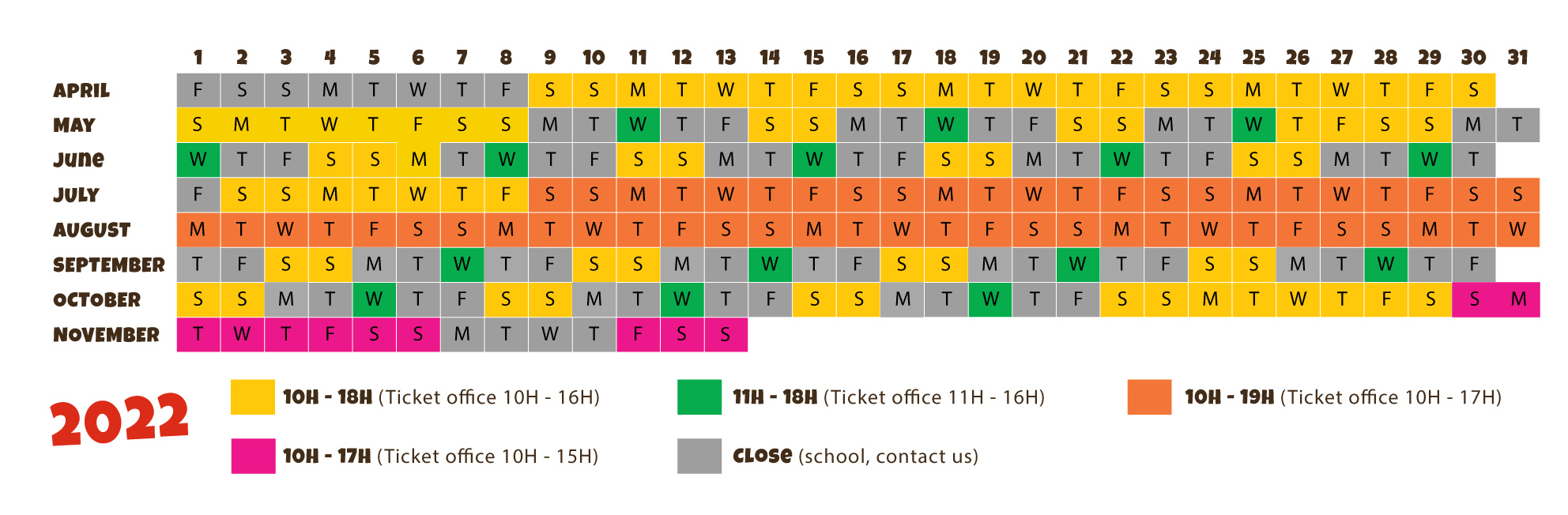 Calendar 2022 of the leisure park Le Village des Fous