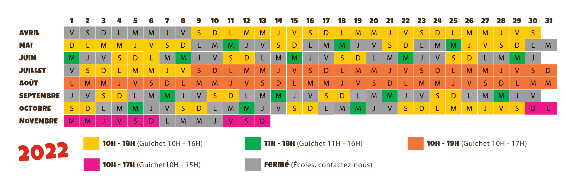 Calendrier d'ouverture du parc Le Village des Fous