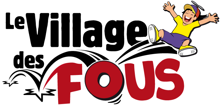 Nouveau logo du Village des fous : Jeune fou avec une casquette à hélice qui rebondi sur le o de "FOUS"